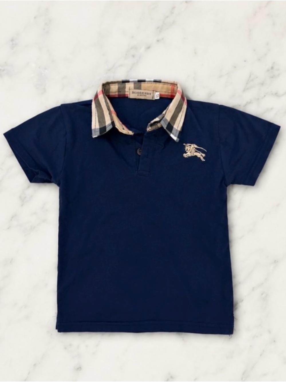 Burberry London Boys Navy Nova Check Collar Polo Shirt Size S